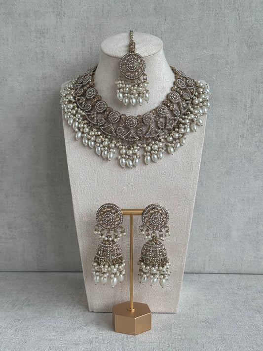 Ayura Designs Noorza Set with Jhumkis and Tikka – Pearl White Stones, Antique Gold & Polki Finish
