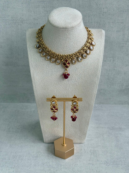 Ayura Designs Perniya Set with Necklace & Earrings – Mirror-Cut Stones with Rani Pink Accents in Antique Gold Finish