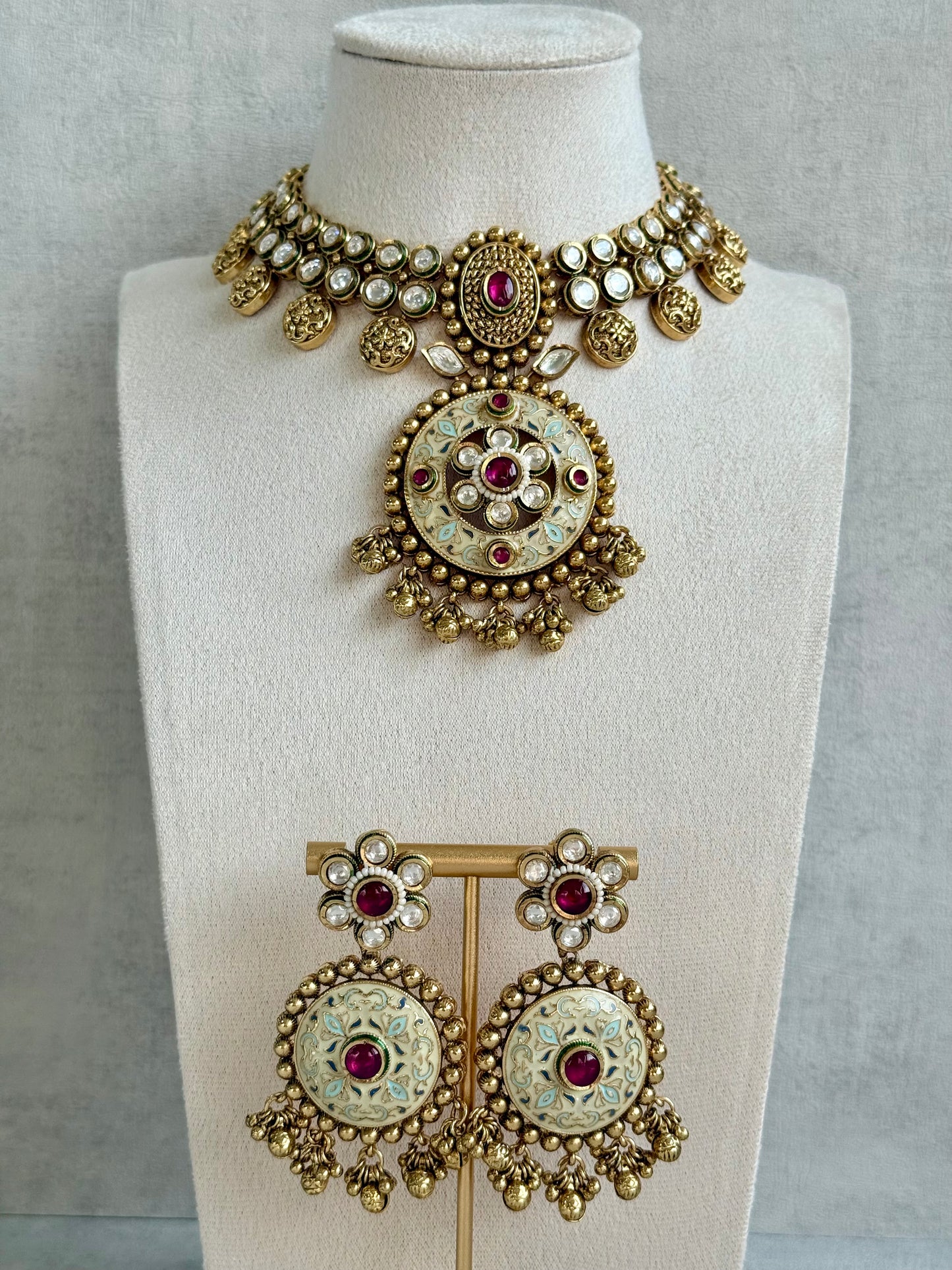 Ayura Designs Zayna Set with Necklace & Earrings – Ivory Meenakari with Rani Pink Stones