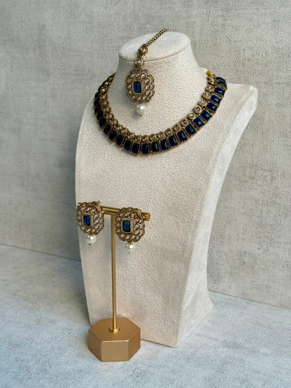 Ayura Designs Dania Set with Necklace, Stud Earrings & Tikka – Midnight Blue Stones, Pearl Drops & Antique Gold Finish