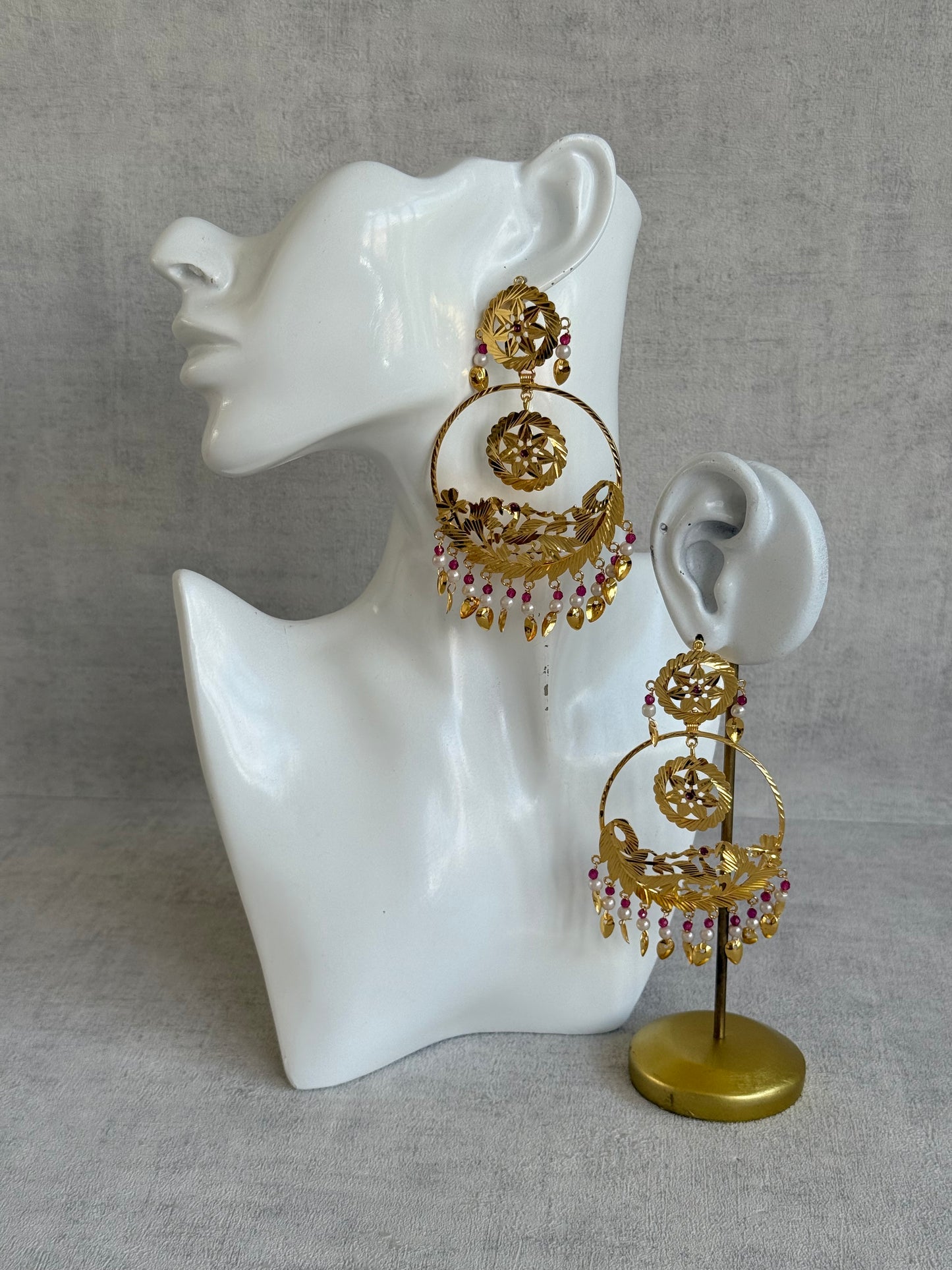 Ayura Designs Puran Earrings – Gold Peacock Pipal Patti Chandbalis with Pink & Ivory Detailing