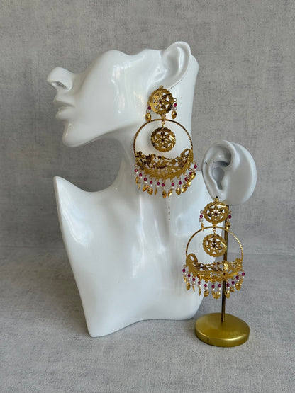 Ayura Designs Puran Earrings – Gold Peacock Pipal Patti Chandbalis with Pink & Ivory Detailing