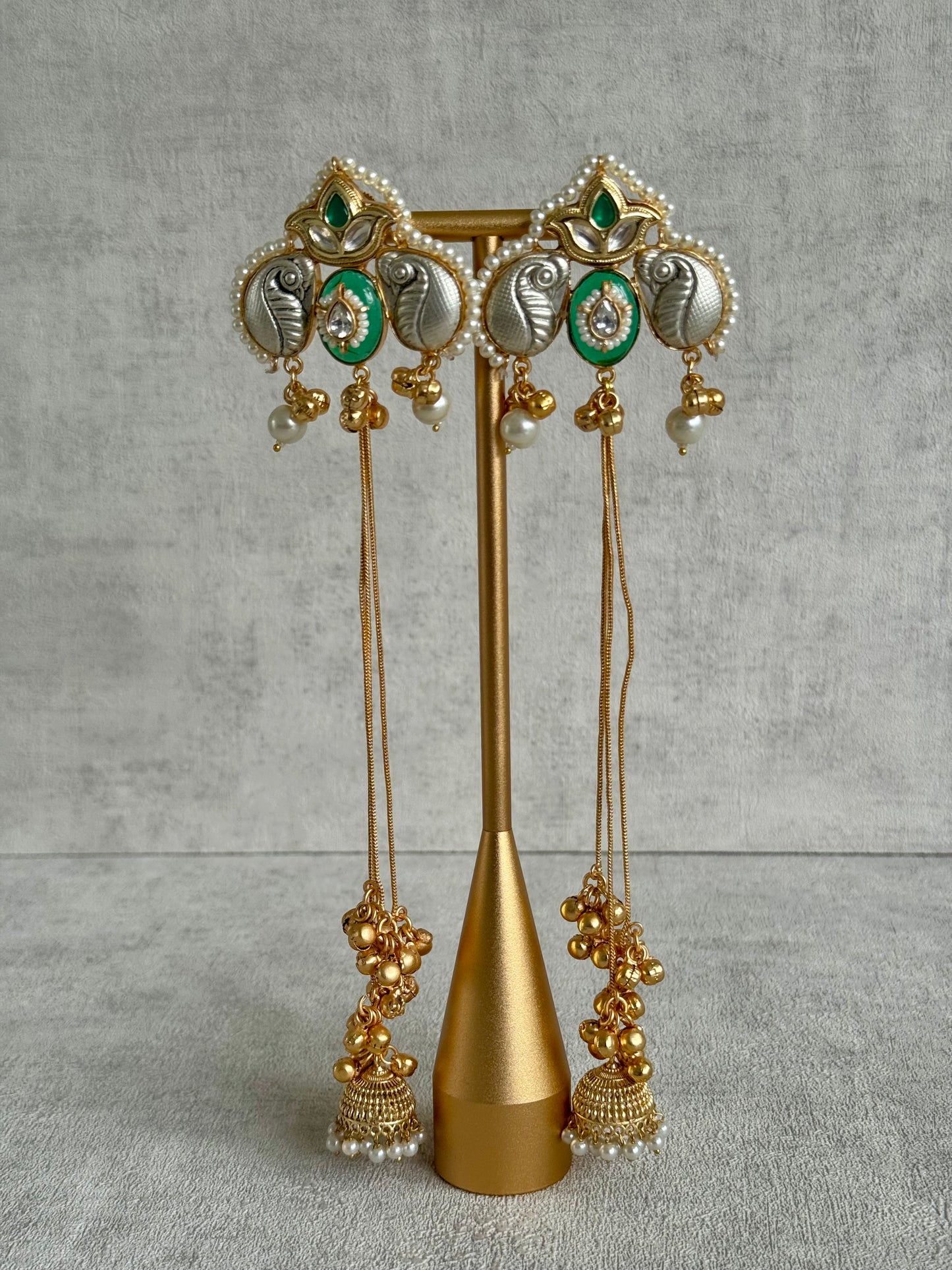 Ayura Designs Sozni Kashmiri Earrings – Meenakari with Emerald Green & Diamond-Cut Detailing