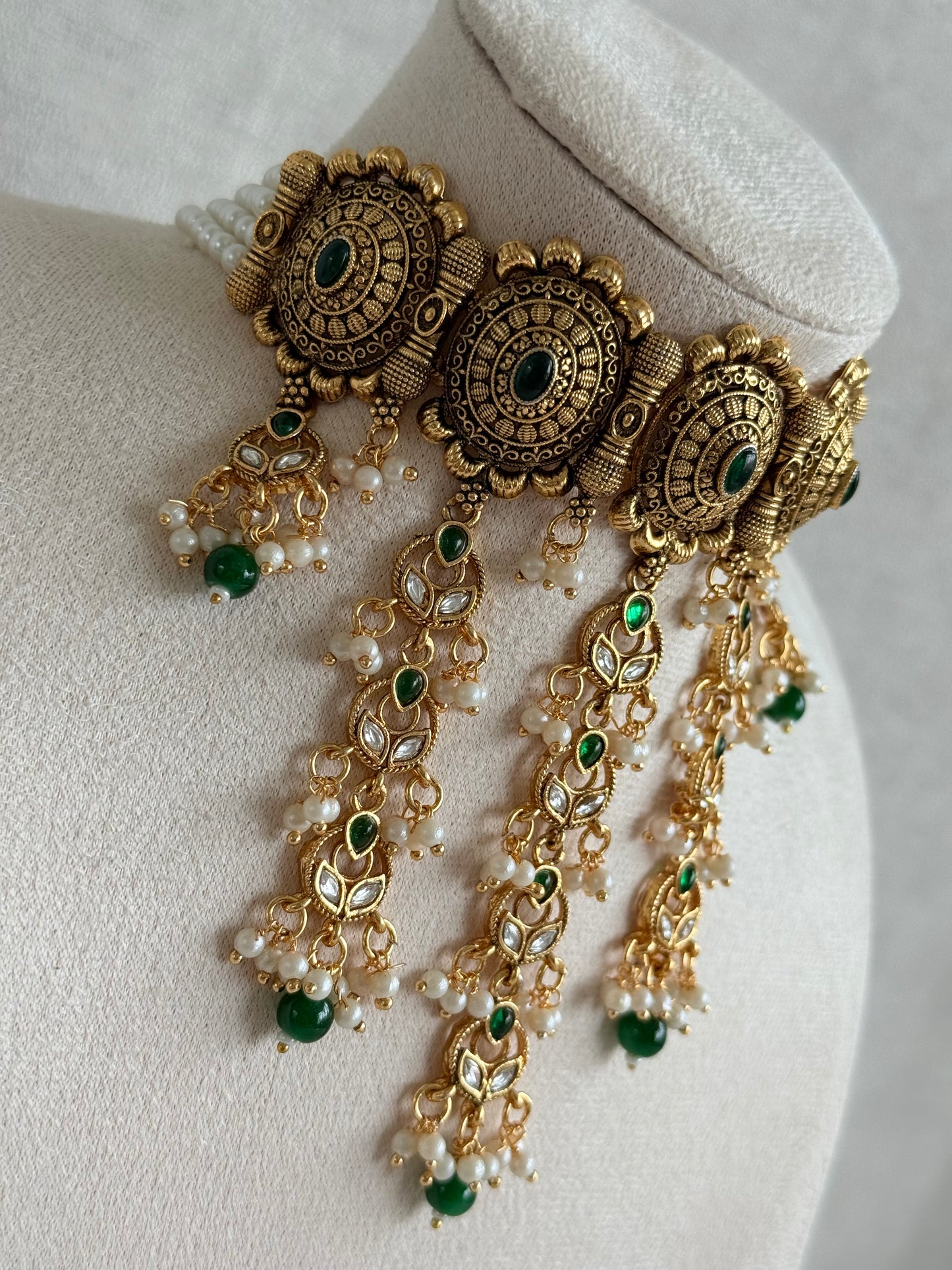 Ayura Designs Kabini Choker Set with Earrings – Gold Kundan Waterfall Choker with Emerald Green Beads & Pearls