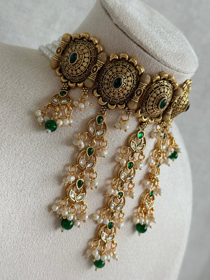 Ayura Designs Kabini Choker Set with Earrings – Gold Kundan Waterfall Choker with Emerald Green Beads & Pearls