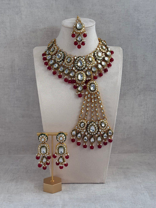 Ayura Designs Jashan Set with Necklace, Earrings, Tikka & Passa – Kundan Detailing, Pearl Drops & Ruby Red Beads
