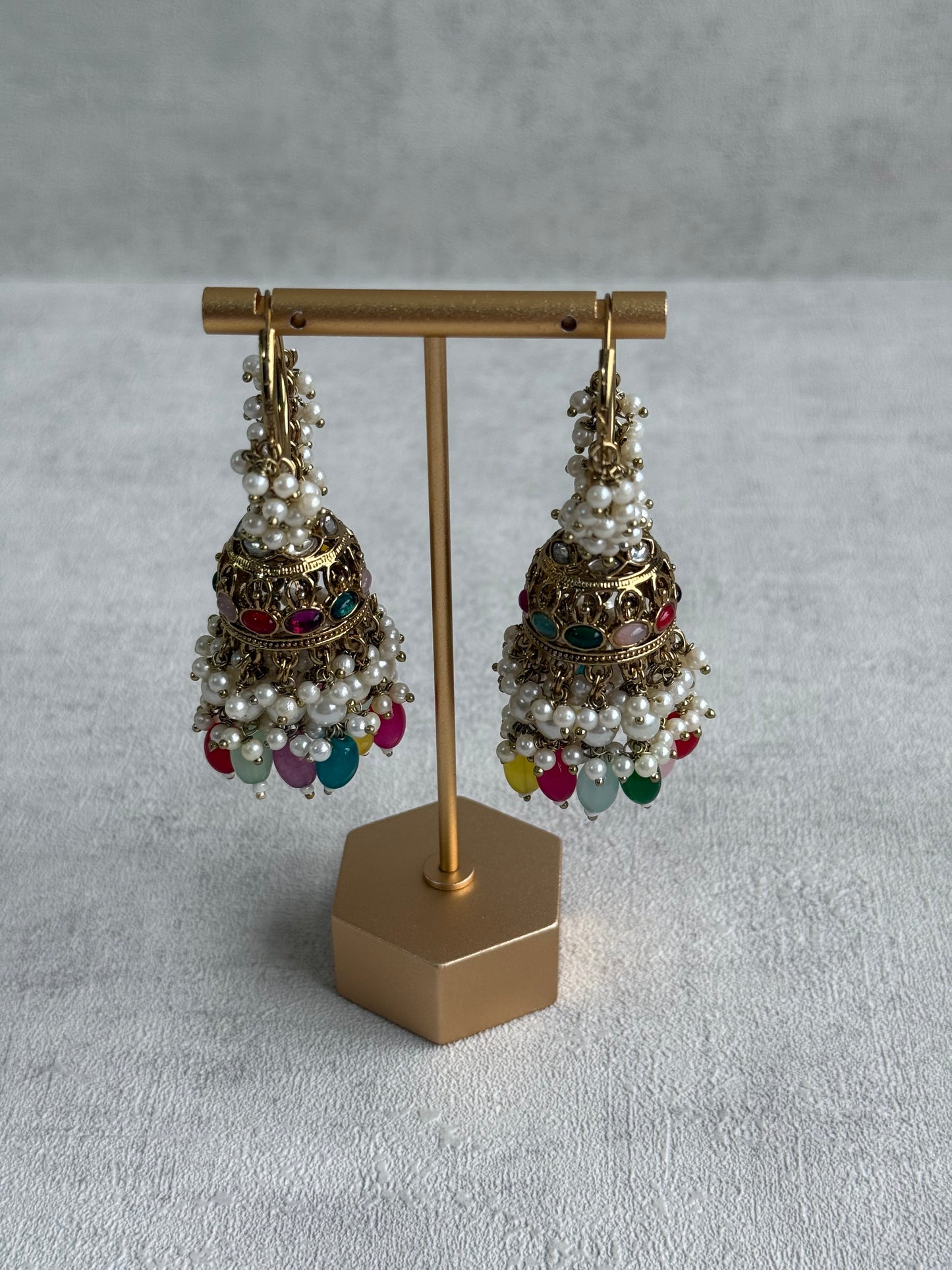 Ayura Designs Jugni Jhumkis – Antique Gold Balis with Multicolour Beads & Pearl Clusters