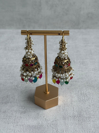 Ayura Designs Jugni Jhumkis – Antique Gold Balis with Multicolour Beads & Pearl Clusters