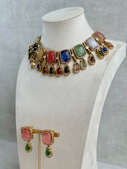 Ayura Designs Adelaide Necklace Set with Earrings – Multicolour Moissanite with Peach Stone Drop Earrings