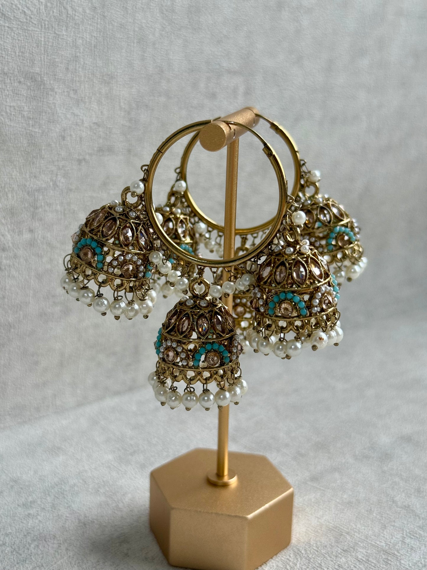 Ayura Designs Nakhra Balis – Aqua Blue Triple Dome Earrings with Mirror-Cut Stones & Pearl Detailing