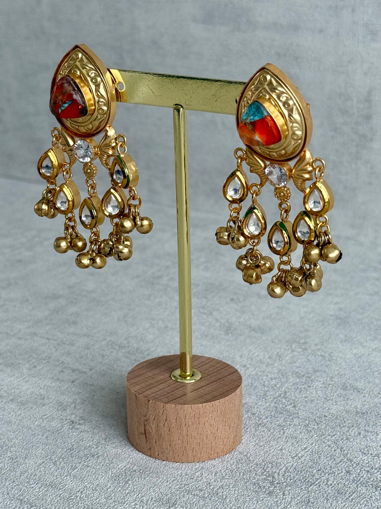 Ayura Designs Arheer Earrings – Orange & Turquoise Marble with Kundan Detailing & Antique Gold Ghungroos
