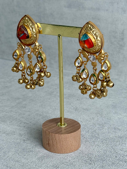 Ayura Designs Arheer Earrings – Orange & Turquoise Marble with Kundan Detailing & Antique Gold Ghungroos