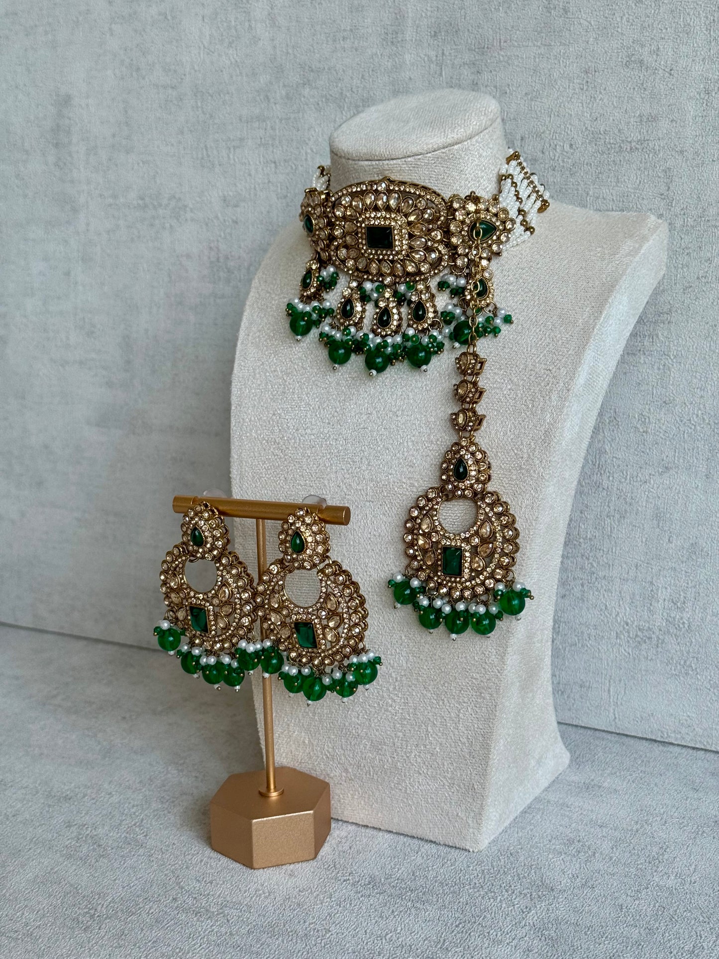Ayura Designs Arzoo Set with Earrings & Tikka – Antique Gold Finish with Champagne Stones, Emerald Green Accents & Pearl Detailing