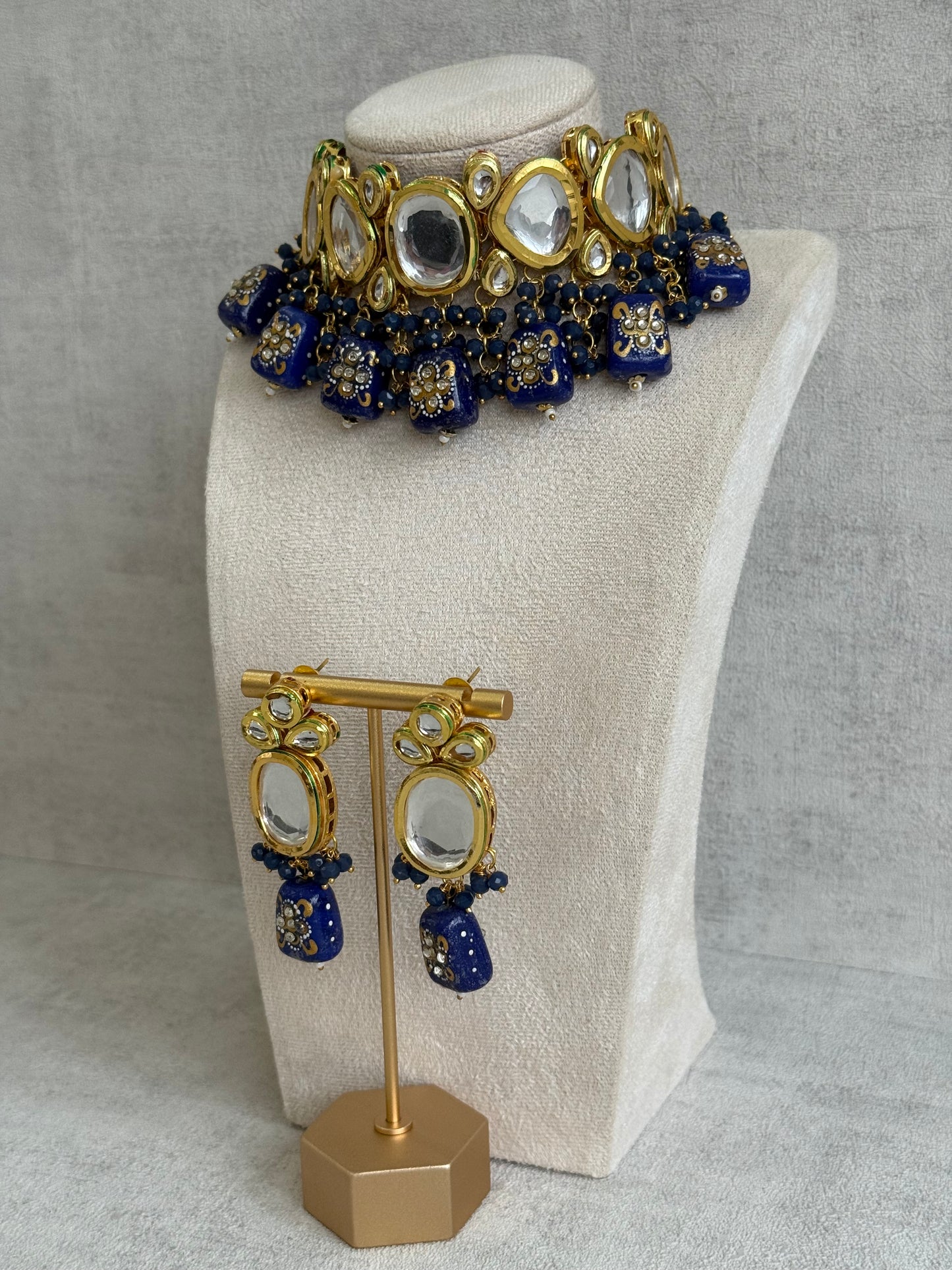 Ayura Designs Gyan Set With Choker And Earrings – Kundan Stones And Navy Blue Meenakari Drops