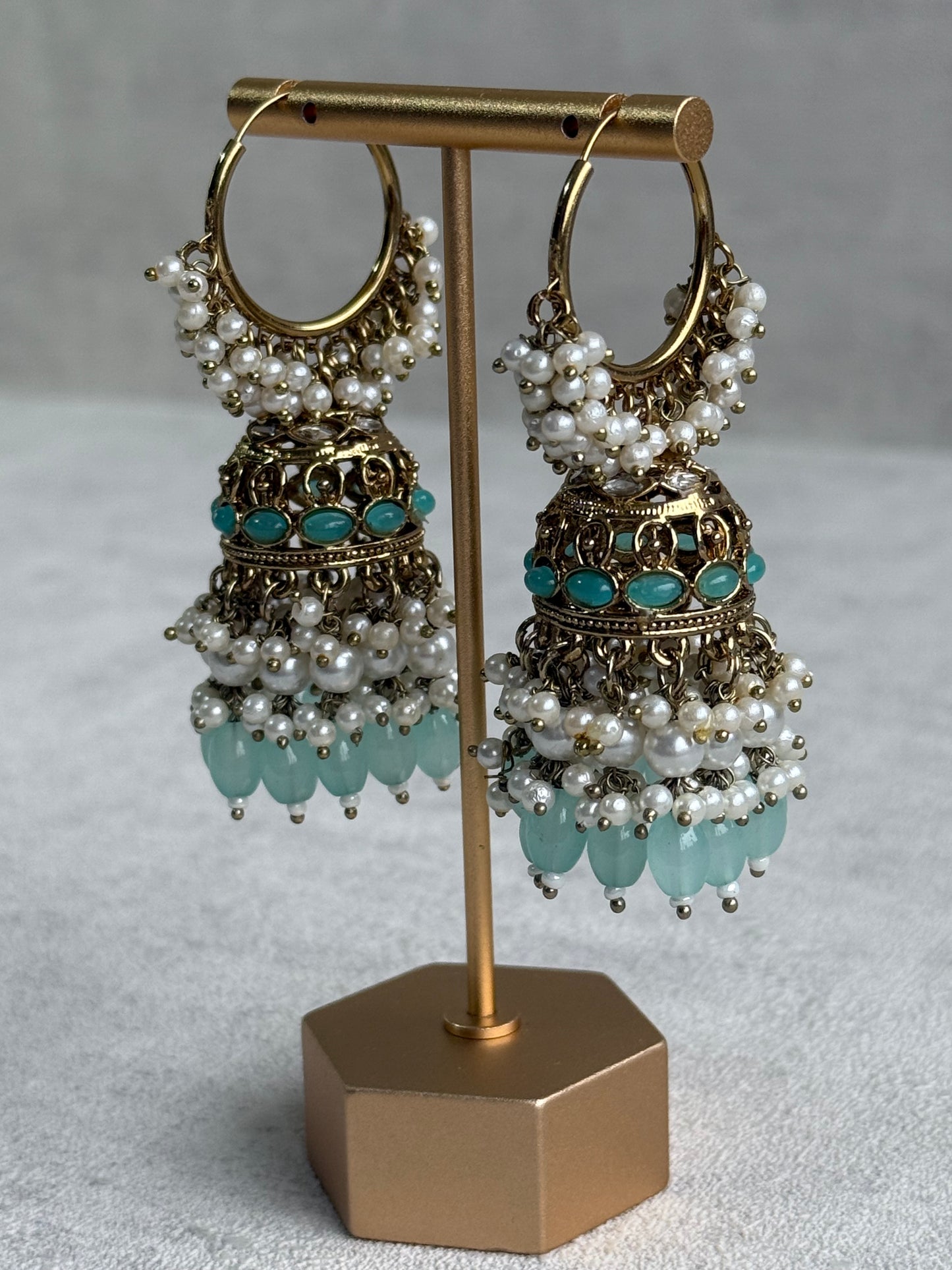 Ayura Designs Jugni Jhumkis – Antique Gold Balis with Aqua Beads & Pearl Clusters