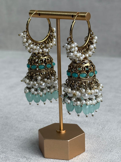 Ayura Designs Jugni Jhumkis – Antique Gold Balis with Aqua Beads & Pearl Clusters