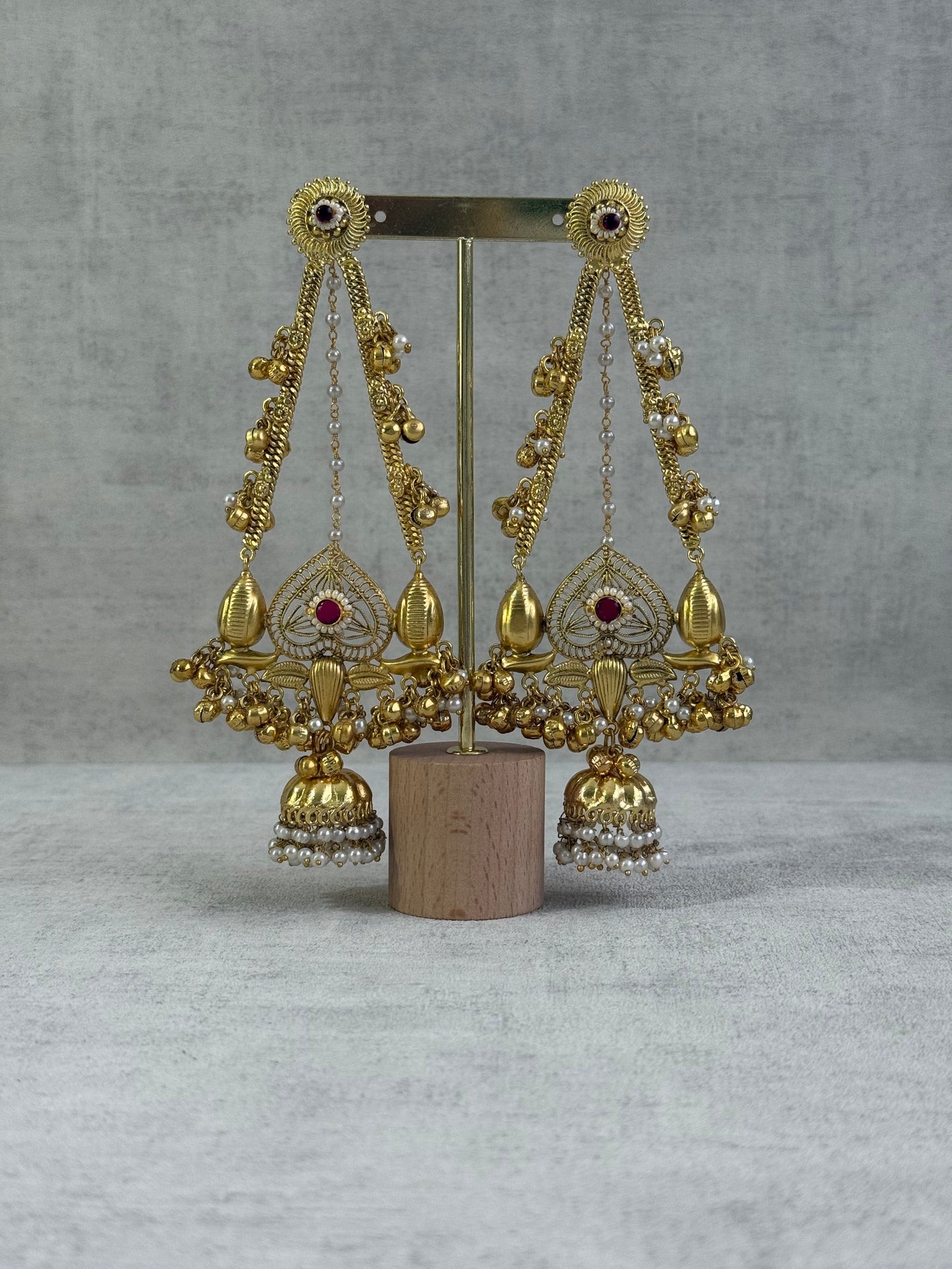 Ayura Designs Teja Earrings – Antique Gold Jhumkis with Ruby Stone & Pearl Detailing