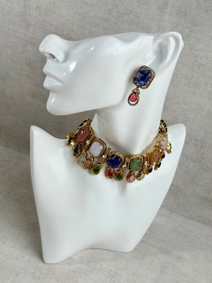 Ayura Designs Adelaide Necklace Set with Earrings – Multicolour Moissanite with Blue Stone Drop Earrings