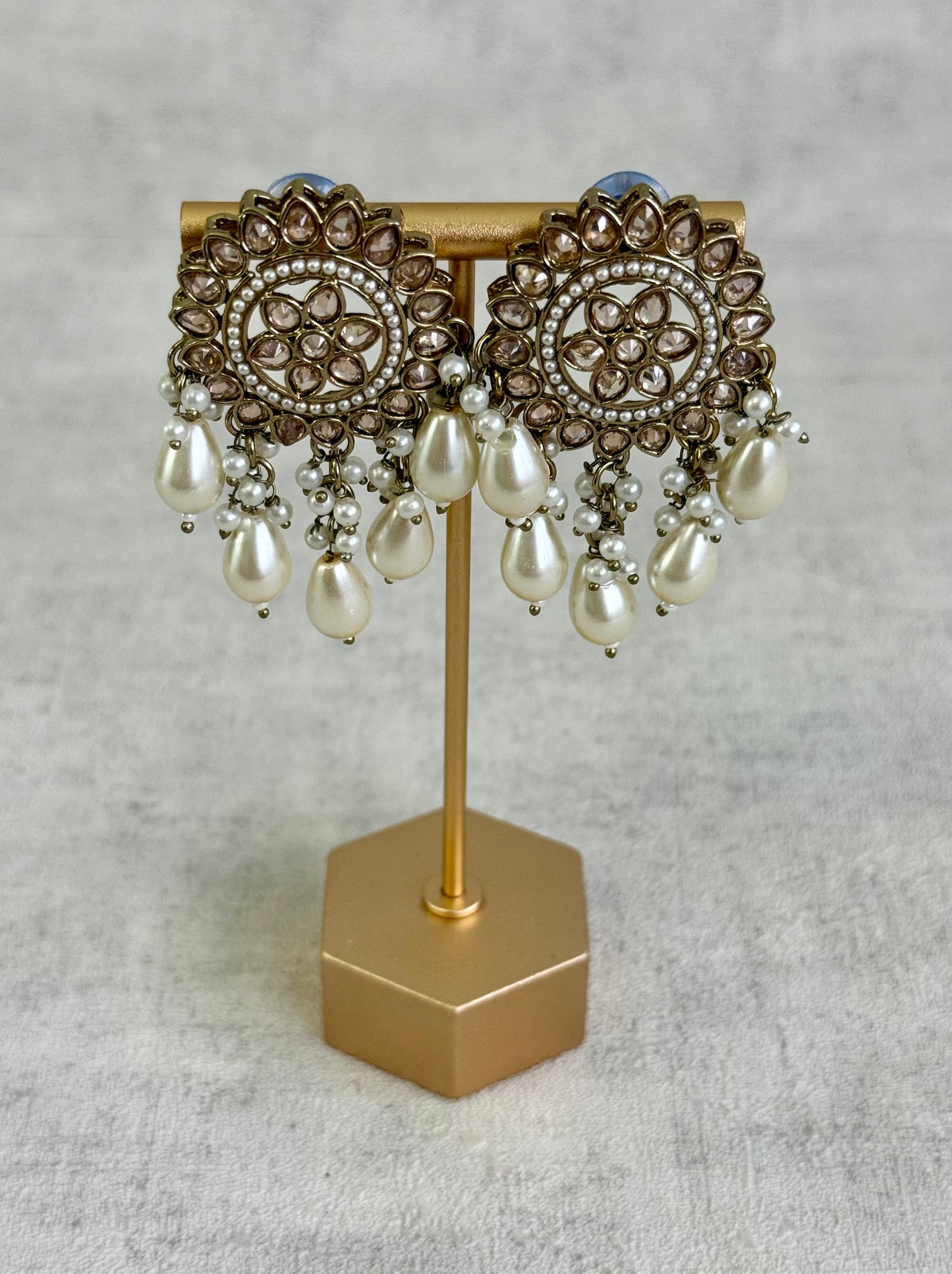 Ayura Designs Aynoor Lotus Ring Earrings – Antique Gold Finish with Mirror-Cut Stones & Pearl Drops
