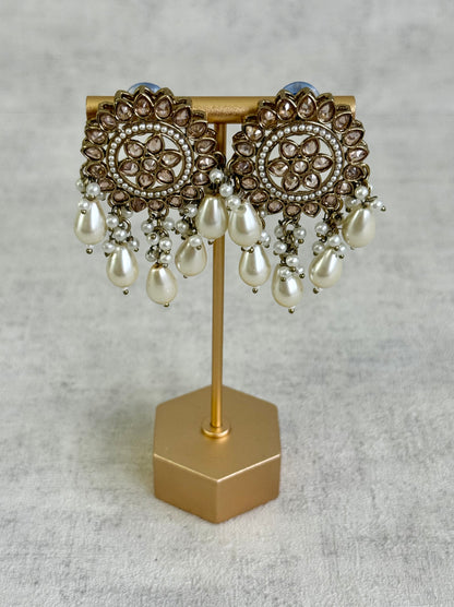 Ayura Designs Aynoor Lotus Ring Earrings – Antique Gold Finish with Mirror-Cut Stones & Pearl Drops