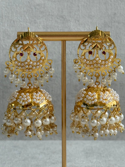 Ayura Designs Pannu Jhumkis – Pippal Patti Gold Jhumkis with Pearl Detailing