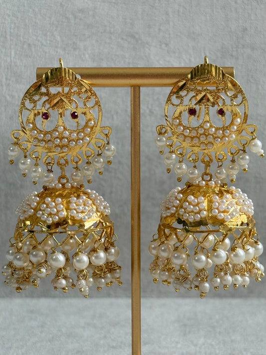 Ayura Designs Pannu Jhumkis – Pippal Patti Gold Jhumkis with Pearl Detailing