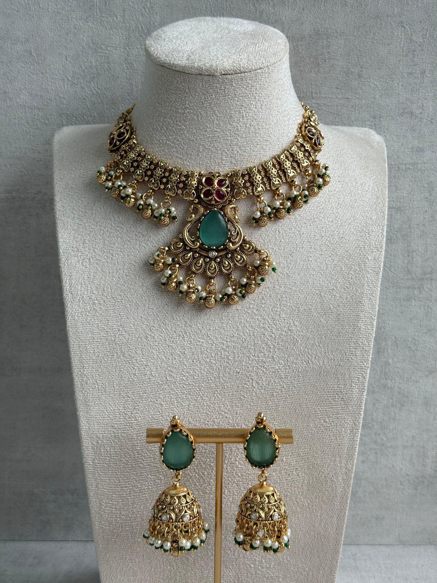 Ayura Designs Urvashi Set – Antique Gold Necklace & Jhumkis with Mint Green Stone, Ruby & Pearl Detailing