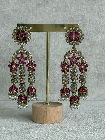 Ayura Designs Soraya Earrings – Fuchsia & Champagne Stones with Pearl Drops & Gold Finish
