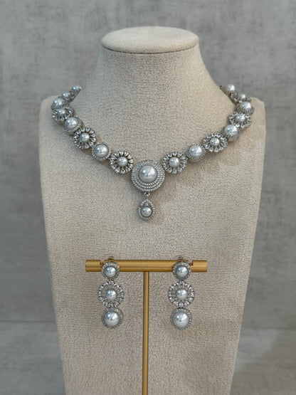 Ayura Designs Evelyn Set with Necklace & Stud Earrings – Silver Finish, Pearlescent Stones & Crystal Accents