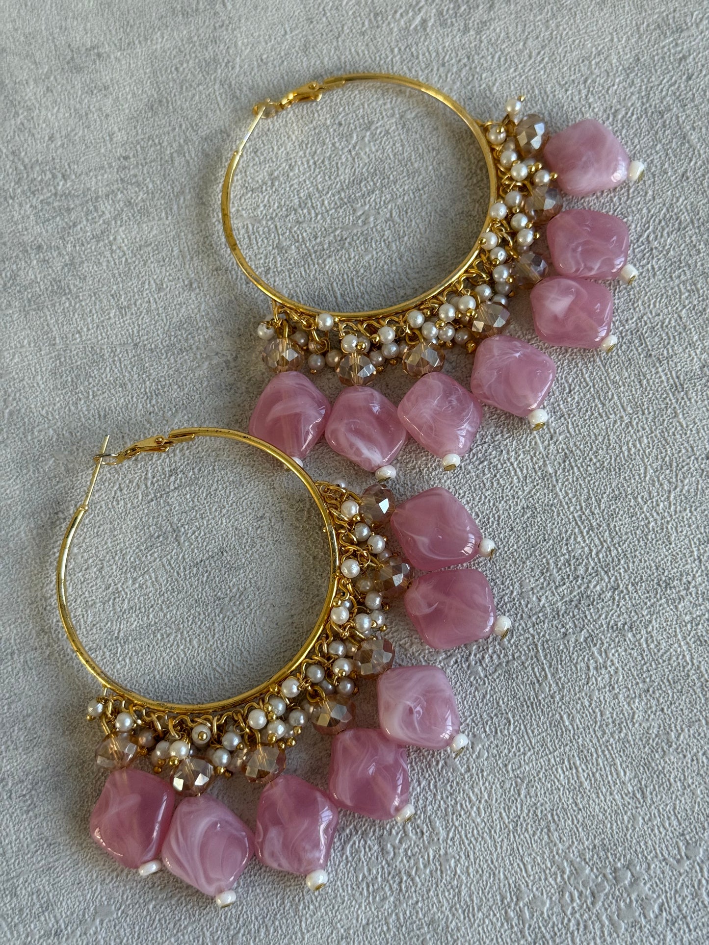 Ayura Designs Heer Balis – Gold Hoops with Baby Pink Marble Beads, Pearls & Crystal Detailing