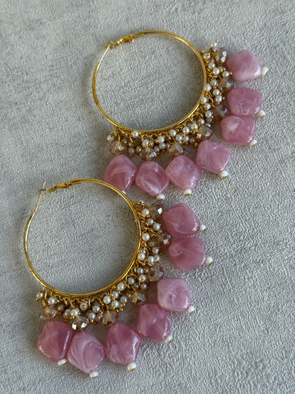 Ayura Designs Heer Balis – Gold Hoops with Baby Pink Marble Beads, Pearls & Crystal Detailing