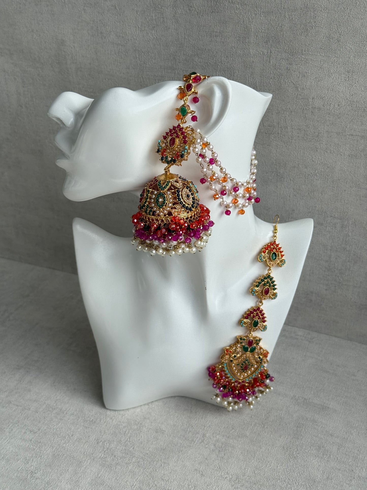 Ayura Designs Safia Tikka Set with Sahare Earrings – Multicolour (Orange, Pink & Ivory Beads)
