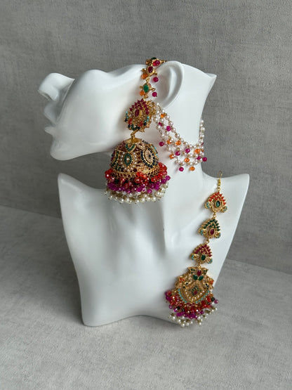 Ayura Designs Safia Tikka Set with Sahare Earrings – Multicolour (Orange, Pink & Ivory Beads)