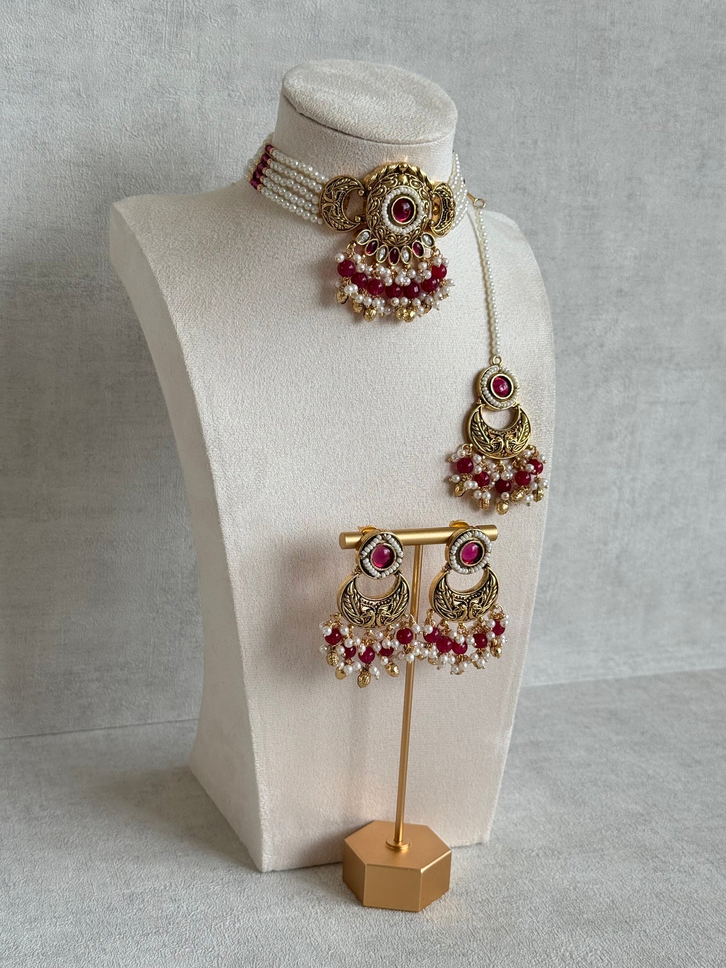 Ayura Designs Mehr Choker Set with Earrings & Tikka – Ruby Pink Stones, Ruby Pink Beads, Pearl Strands & Antique Gold Finish