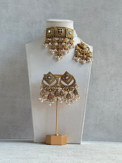 Ayura Designs Samera Choker Set with Earrings & Tikka – Ivory Beads, Pearl Detailing, Green Centre Stone, Floral Motifs & Antique Gold Finish
