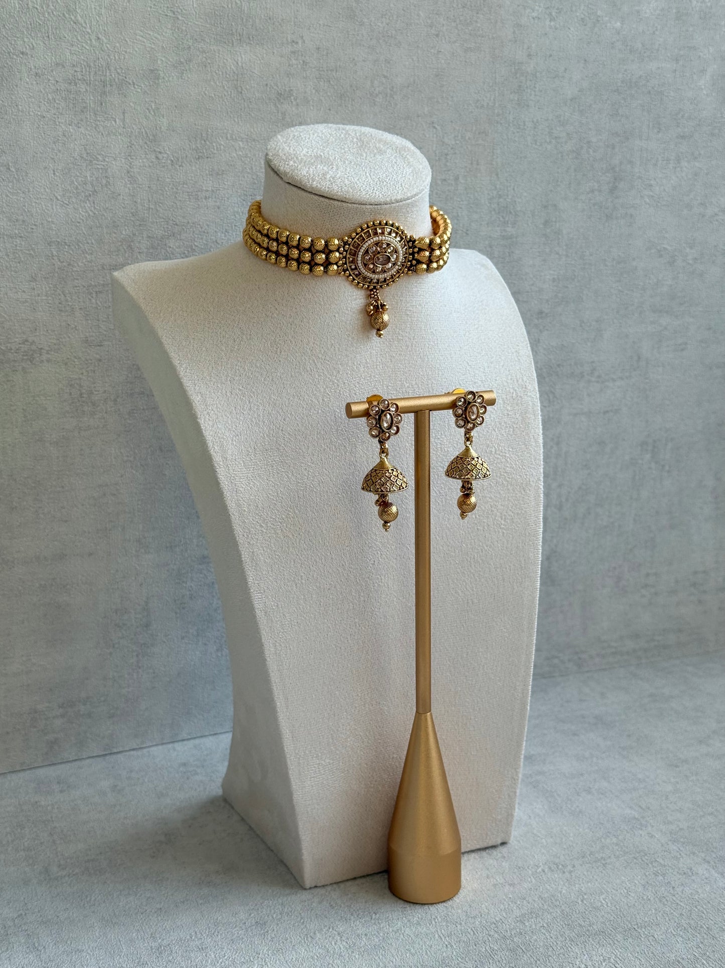 Ayura Designs Kavish Choker Set – Antique Gold Choker with Jhumkis in Champagne Stones & Pearl Detailing