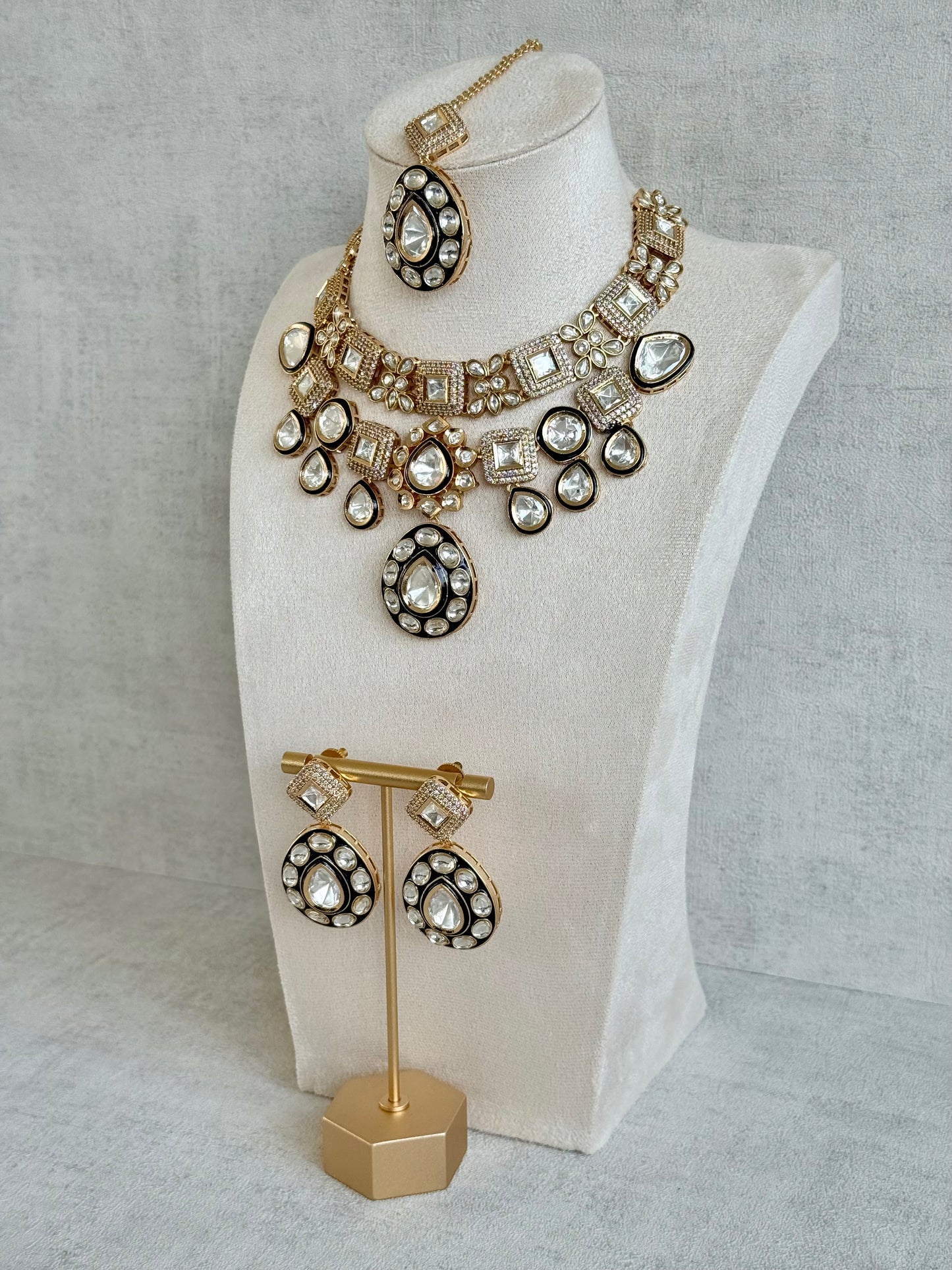 Ayura Designs Avani Set with Earrings & Tikka – Mirror-Cut Stones with Deep Blue Enamel Detailing & Crystal Borders