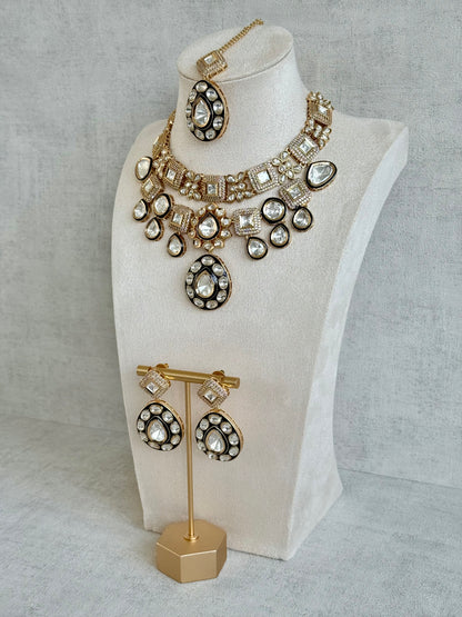 Ayura Designs Avani Set with Earrings & Tikka – Mirror-Cut Stones with Deep Blue Enamel Detailing & Crystal Borders