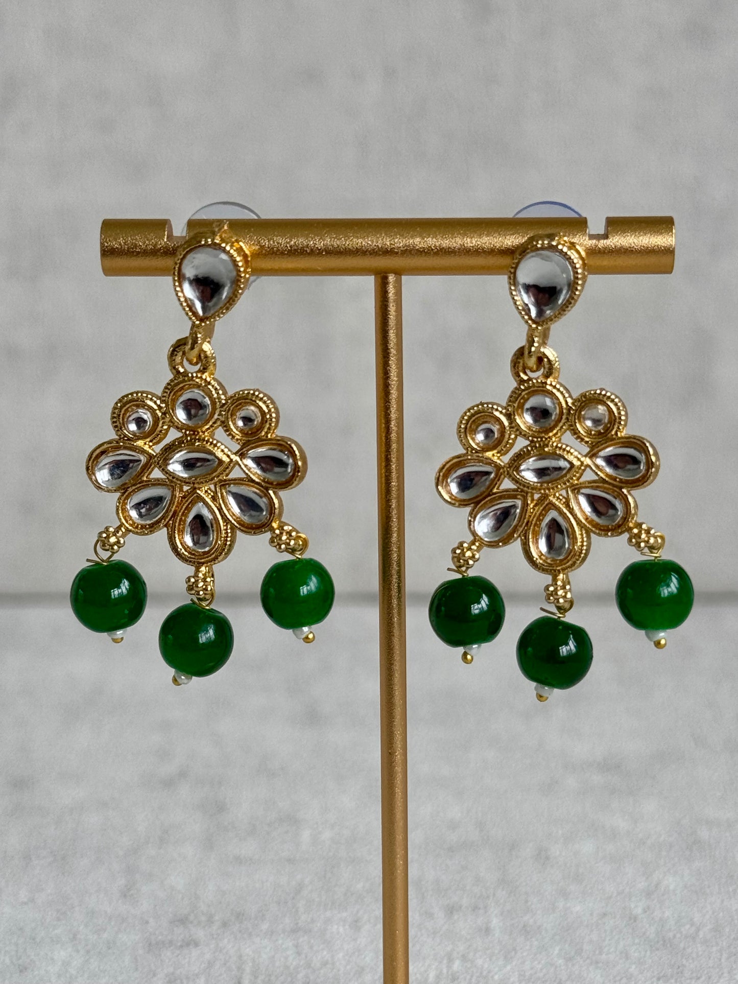 Ayura Designs Dalia Set with Earrings & Tikka – Emerald Green with Kundan & Floral Motifs