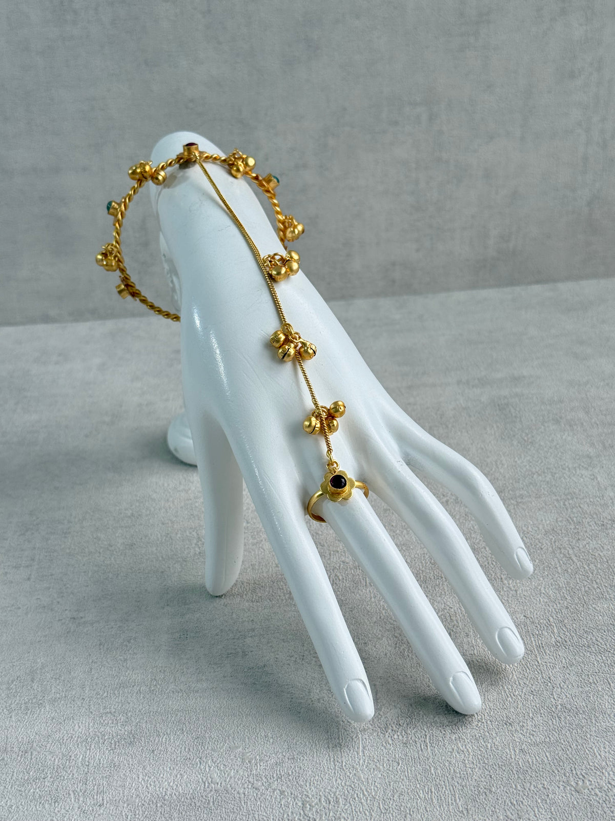 Ayura Designs Kajri Haathphool Set of 2 – Gold Tone Floral Hand Harness with Multicolour Stones & Ghungroo Detailing