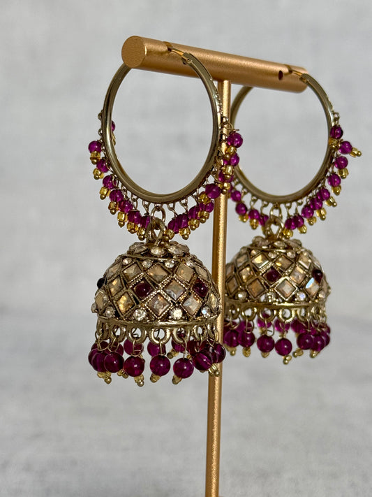 Ayura Designs Jugni Bali Jhumkas – Antique Gold with Deep Plum Beads