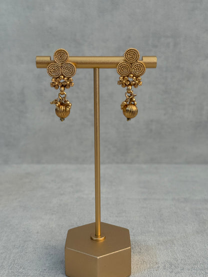 Ayura Designs Purna Set with Necklace & Earrings – Antique Gold Finish, Floral Motifs & Textured Pendant Detail