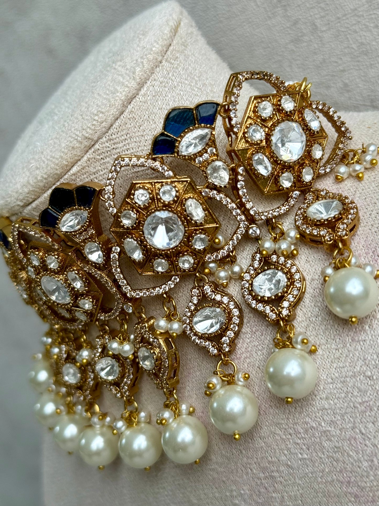 Ayura Designs Serina Choker Set with Earrings – Midnight Blue Enamel, Mirror-Cut Stones & Pearl Drops