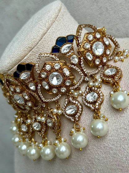 Ayura Designs Serina Choker Set with Earrings – Midnight Blue Enamel, Mirror-Cut Stones & Pearl Drops
