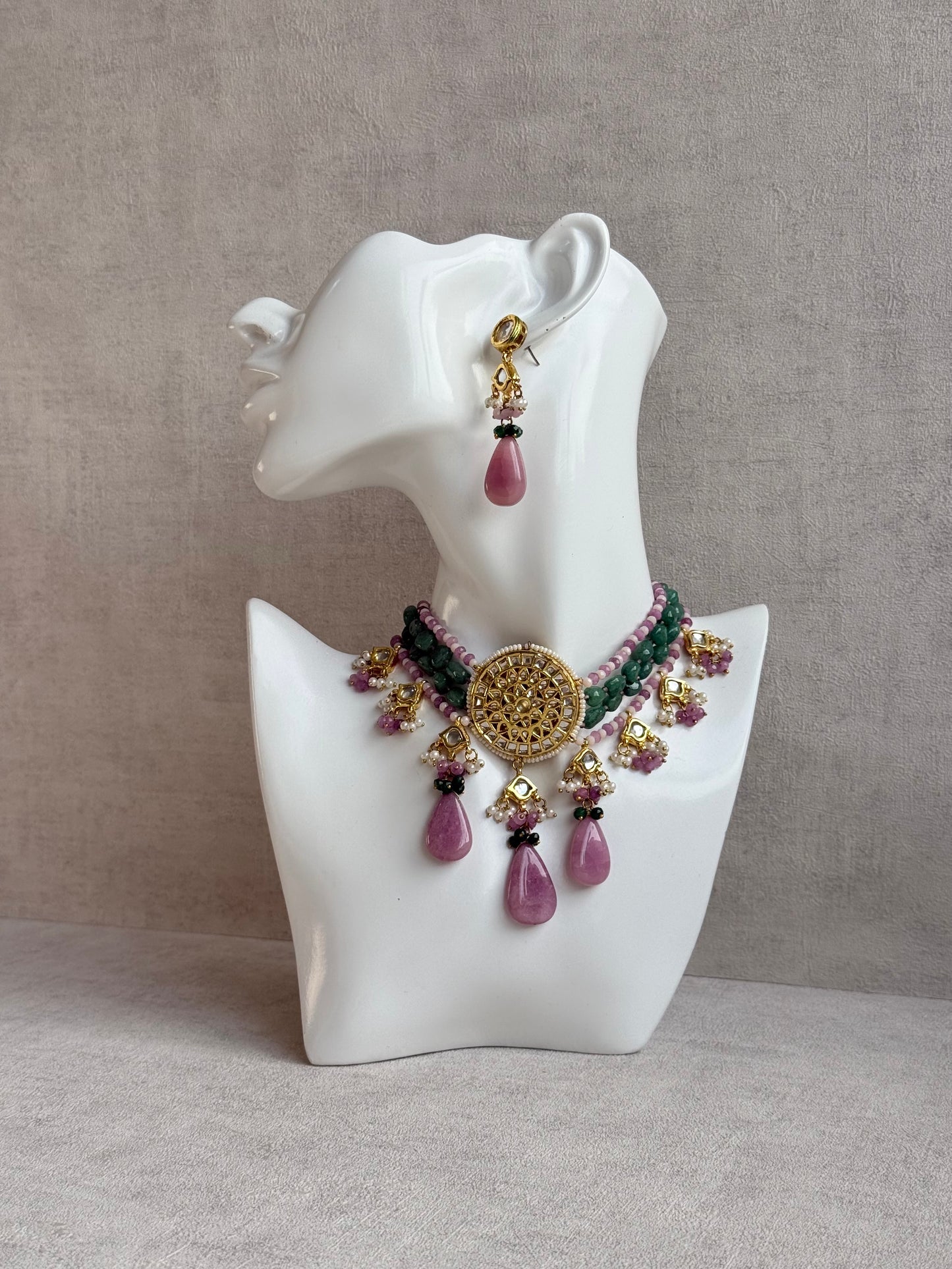 Ayura Designs Rabeeya Kundan Choker Set with Earrings – Blush Pink & Emerald Green Bead Detailing