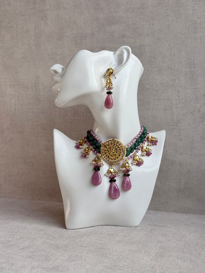 Ayura Designs Rabeeya Kundan Choker Set with Earrings – Blush Pink & Emerald Green Bead Detailing