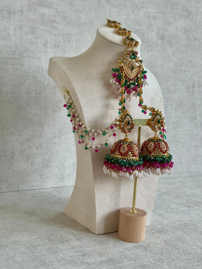 Ayura Designs Safia Tikka Set with Sahare Earrings – Multicolour (Emerald Green, Hot Pink & Ivory Beads)