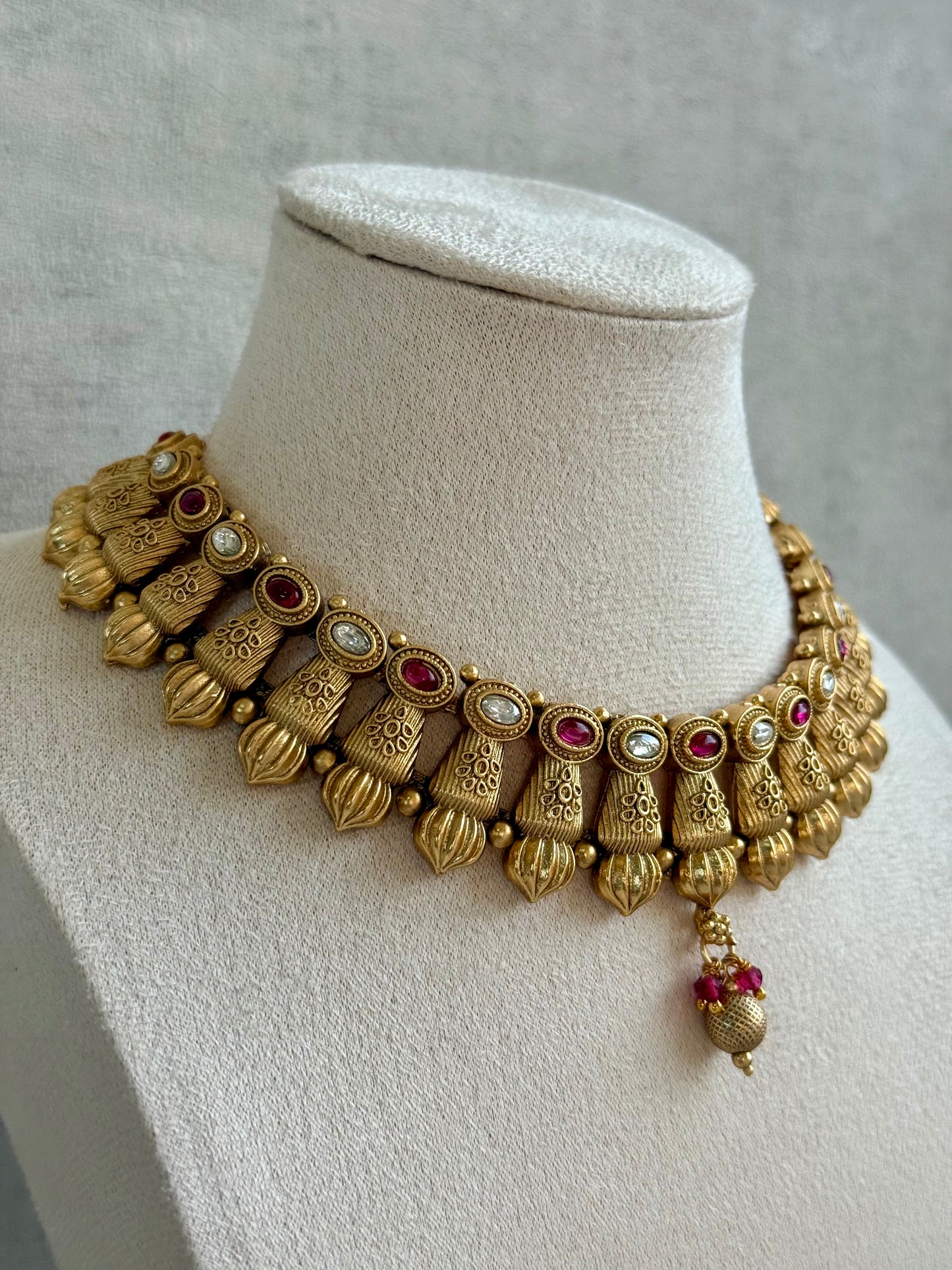 Ayura Designs Aima Necklace Set with Earrings – Antique Gold with Rani Pink Stones