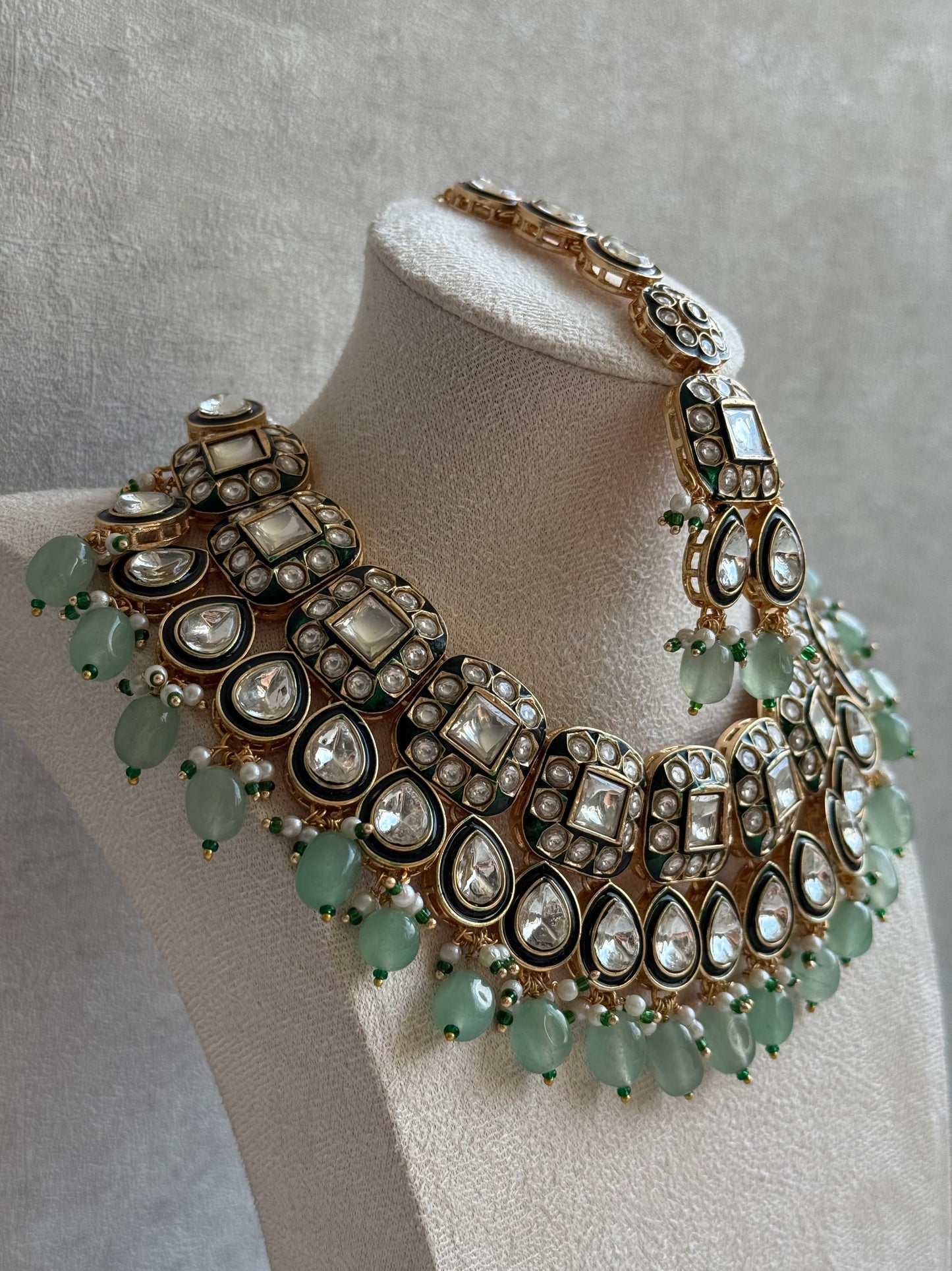 Ayura Designs Salma Set – Necklace, Earrings & Tikka with Mirror-Cut Kundan, Mint Green Beads, Emerald Green Meenakari & Gold Finish