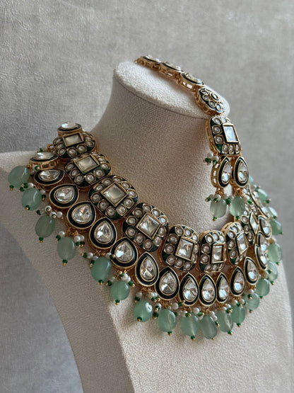 Ayura Designs Salma Set – Necklace, Earrings & Tikka with Mirror-Cut Kundan, Mint Green Beads, Emerald Green Meenakari & Gold Finish